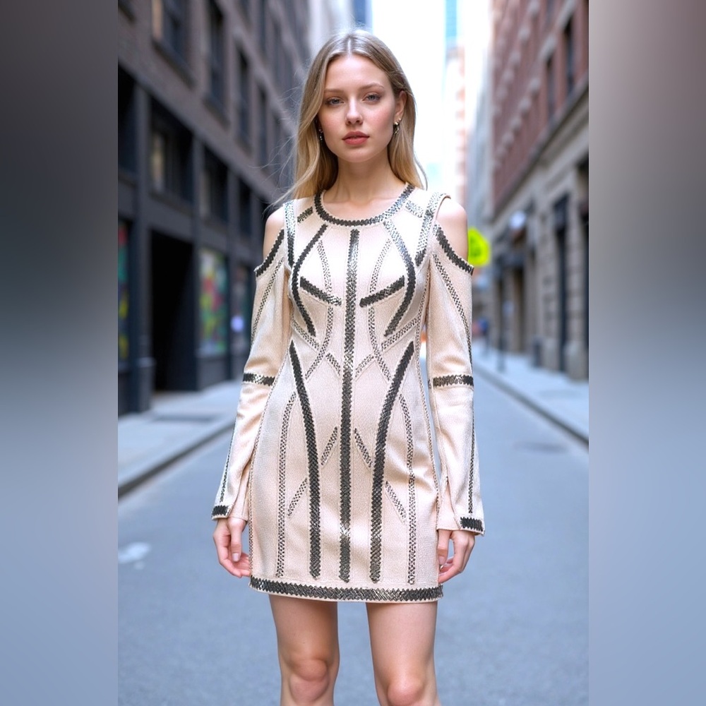 Herve Leger White and Silver Long Sleeve Dress